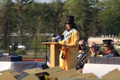 Senior class president, Alexa Shampine, begins her speech dressed as Abraham Lincoln. 