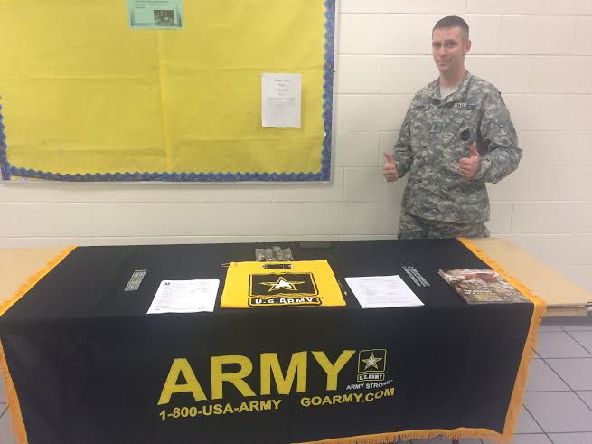 Sergeant David Cargill prepares to answer questions students pose about going into the military after high school.