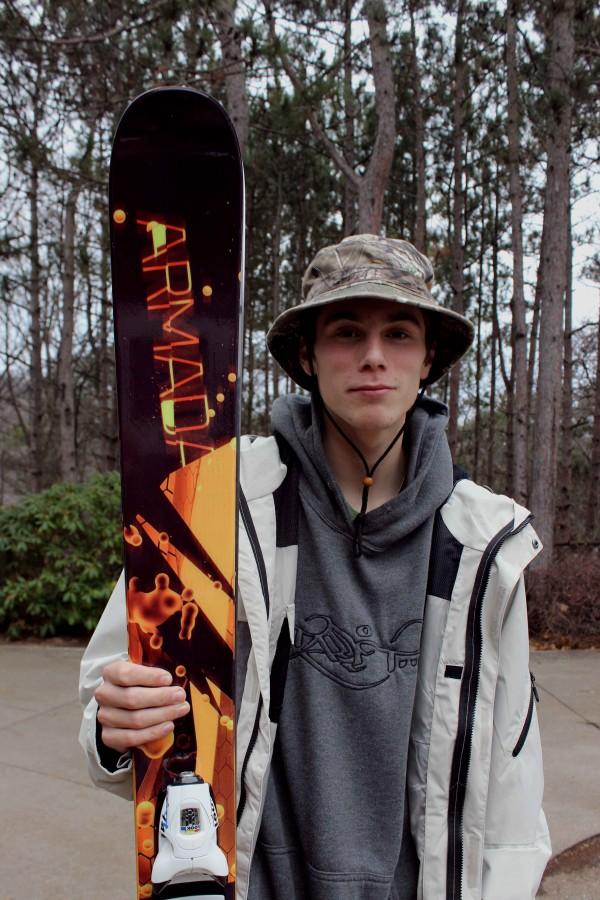 ARMADA: Anthes stands with his newest pair of armada skis, one of his three sponsors for the sport. It's not uncommon for him to go through up to 8 pairs of skis in one season. They have to be replaced when the edges get too beat up or they are damaged trying new park and urban tricks. “Last season I snapped one pair of skis in half doing a dub cork 10,” Anthes said. His sponsors really support him in maintaining good equipment which doesn't come cheap allowing him to travel and participate in camps and competitions. 