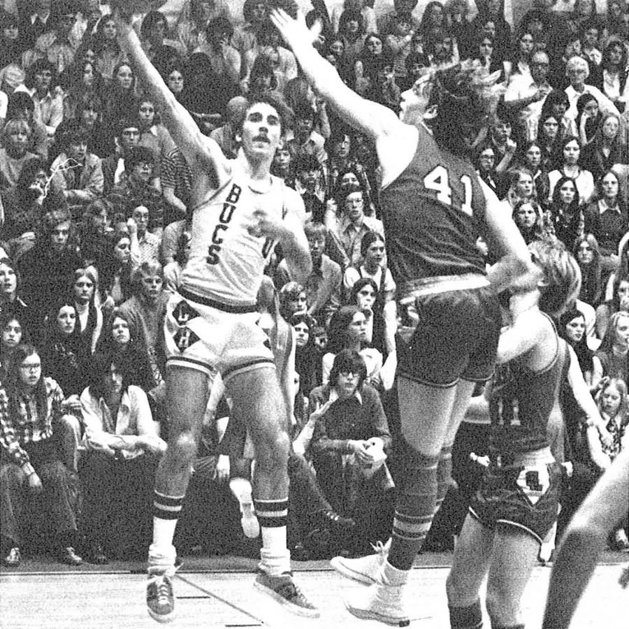 Gary Speer of the 1972-73 Buccaneer basketball team looks to make a pass at a game in the Pirate’s Pit. The team played at the Pit, now the Lakeshore Middle School gym, from 1953-97.