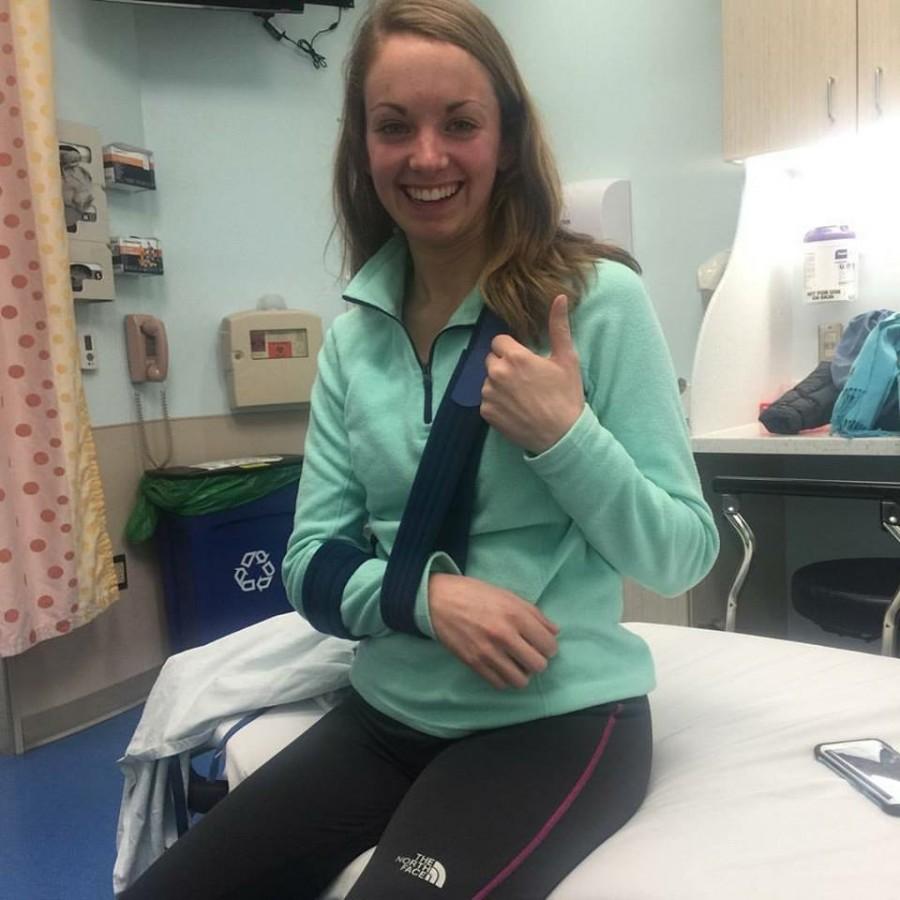 Senior skier Lauren Klaassen in the hospital after she fell during the first race of the season injuring her collar bone.