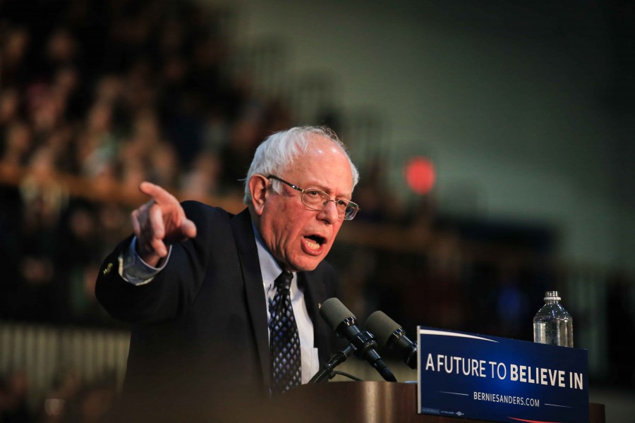Democratic candidate Bernie Sanders talks income inequality at a rally at Grand Valley State Universitys Field House.  