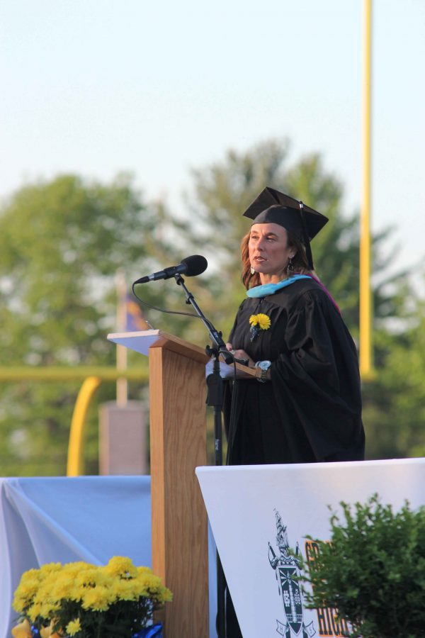 Principal Tracy Wilson addresses the graduating class of 2016 with an emotional speech.