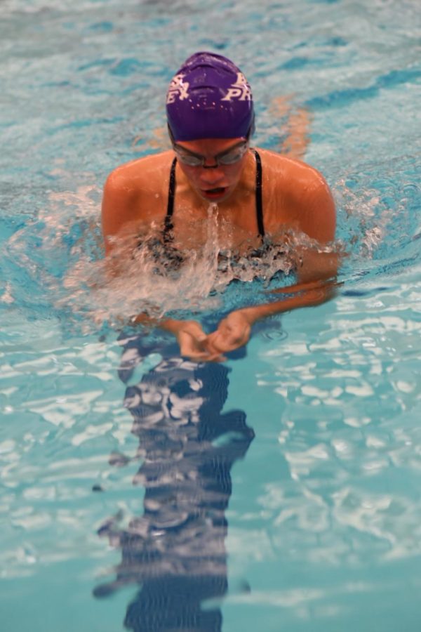 Sophomore Kathryn Ackerman charges through another breast-stroke event in a conference meet at home. She hopes to repeat the same against Hamilton.