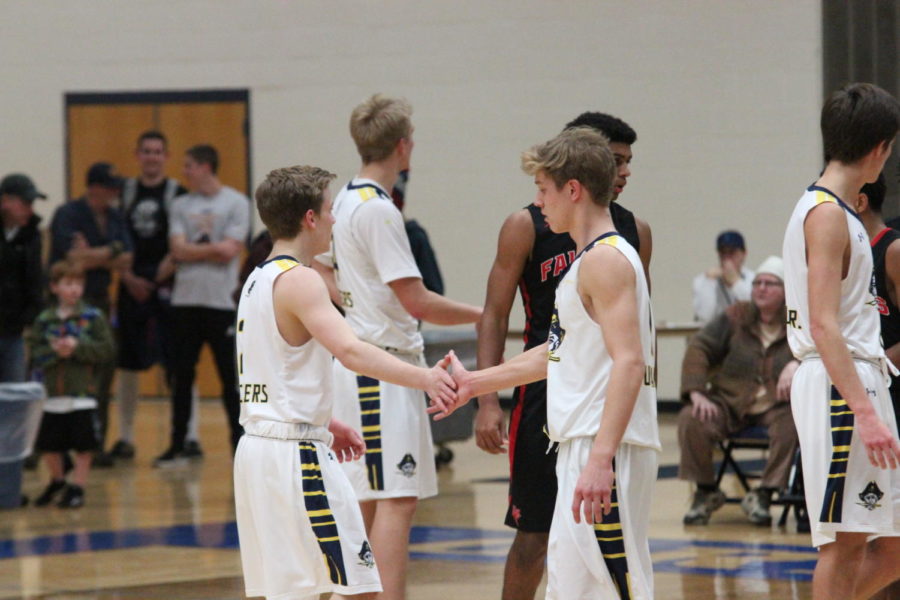 Buccaneer guards Casey Constant and Bryce Taylor congratulate each other after a big play. 