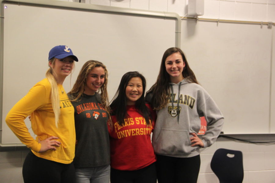The four athletes pose together. From left to right: Avery Strohmeyer (Lake Superior State), Gabby Hentemann (Oklahoma State University), Baby Hang (Ferris State University), Avolyn Lepo (Oakland University).