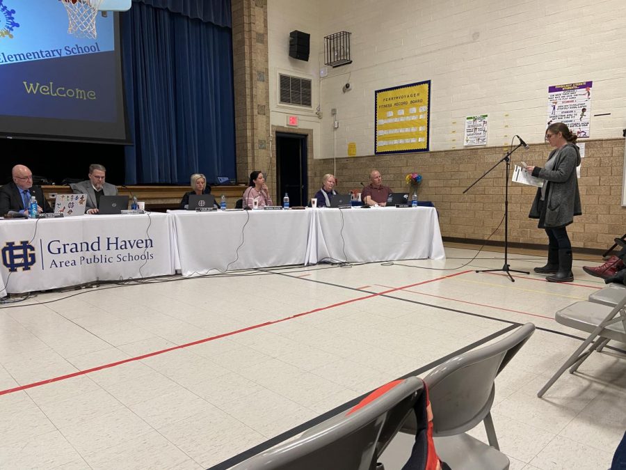 Community member Jennifer Stuppy presents to the GHAPS school board on Monday, March 9. She was there requesting the board create a new policy that would require parents to sign a consent form allowing their children to have access to sexually explicit content in district libraries. 