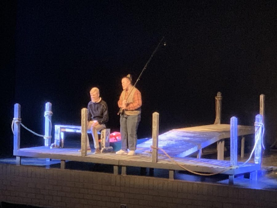 SCENE TWO: Freshman Aidan Mountford (as Johnathan) and Junior Ali Clark (as Beth) acting in their scene. Ali is on the dock sitting with her father who has Alzheimer. And shes got a huge monologue because the dad doesnt really communicate anymore. Shes begging and pleading with him to remember what life was like.