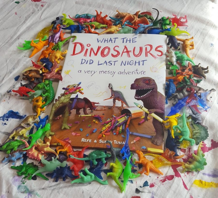 Refe and Susan Tumas book, What the Dinosaurs did at Night featured at Loutit Library during International Dinosaur Month.