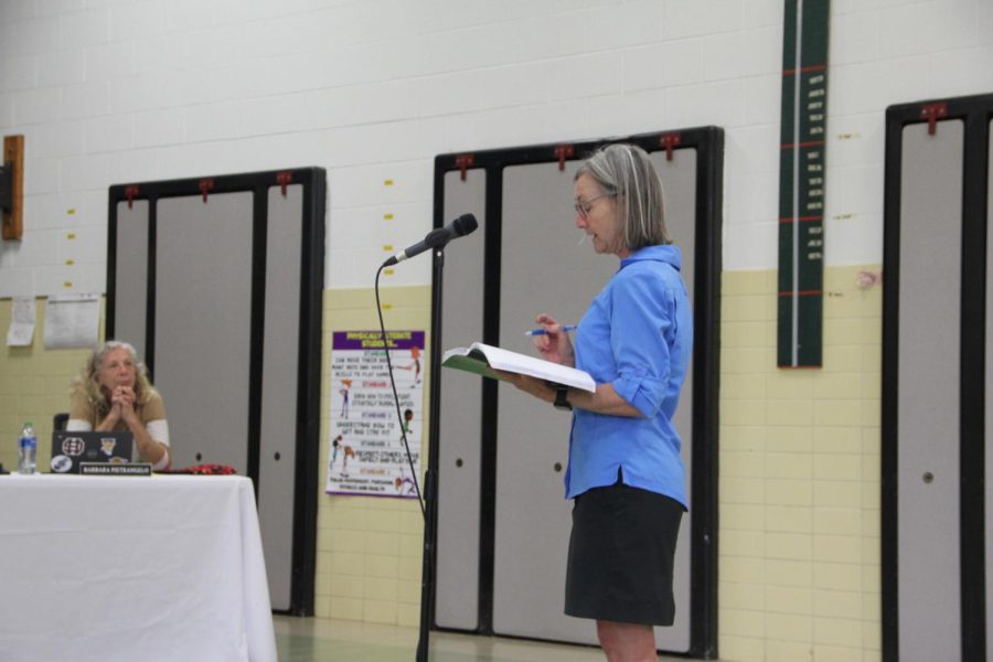 AT THE BOARD: a community member addressed the board of education on May 9 about inappropriate material. 