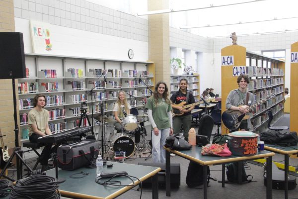 Money Soup setting up in the media center for their show in academy. The band is also recording in hopes of making it onto NPR.