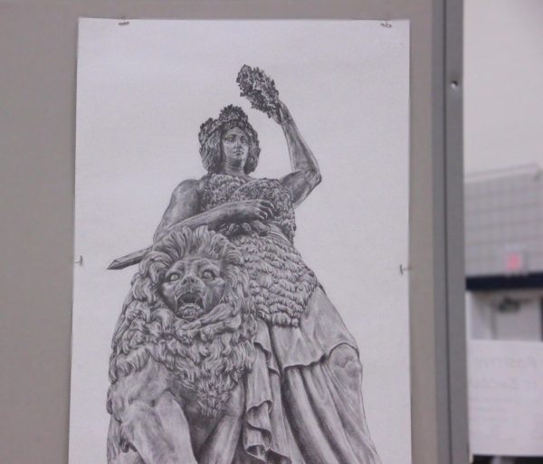 Senior Clara Squio De Cezaros drawing of the Bavaria Statue proved to be a favorite by students and teachers alike. With just a graphite pencil she created this fan favorite, working hours at a time until completion. 