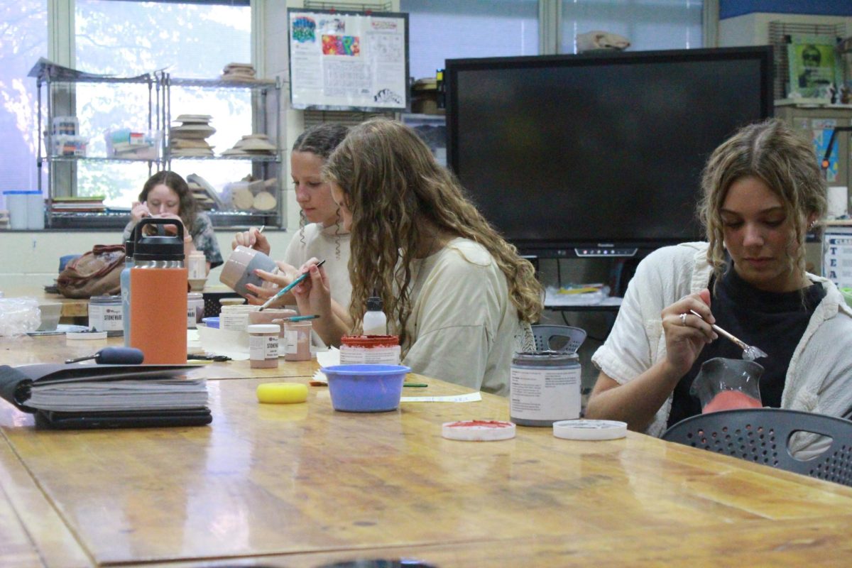 Ceramics 2 started pottery wheel projects today. Pictured left-to-right is junior Gwenyth Jacobs and sophomores Ella Wilson, Gwen VanDyke and Ryile Smith.