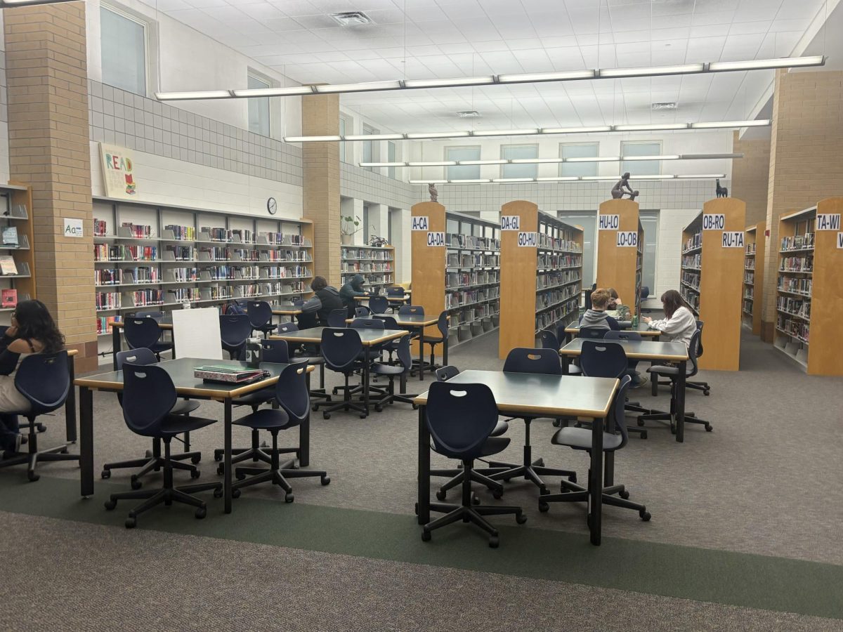 Students study in the library. The teachers prepare to use the library for their professional development meetings.