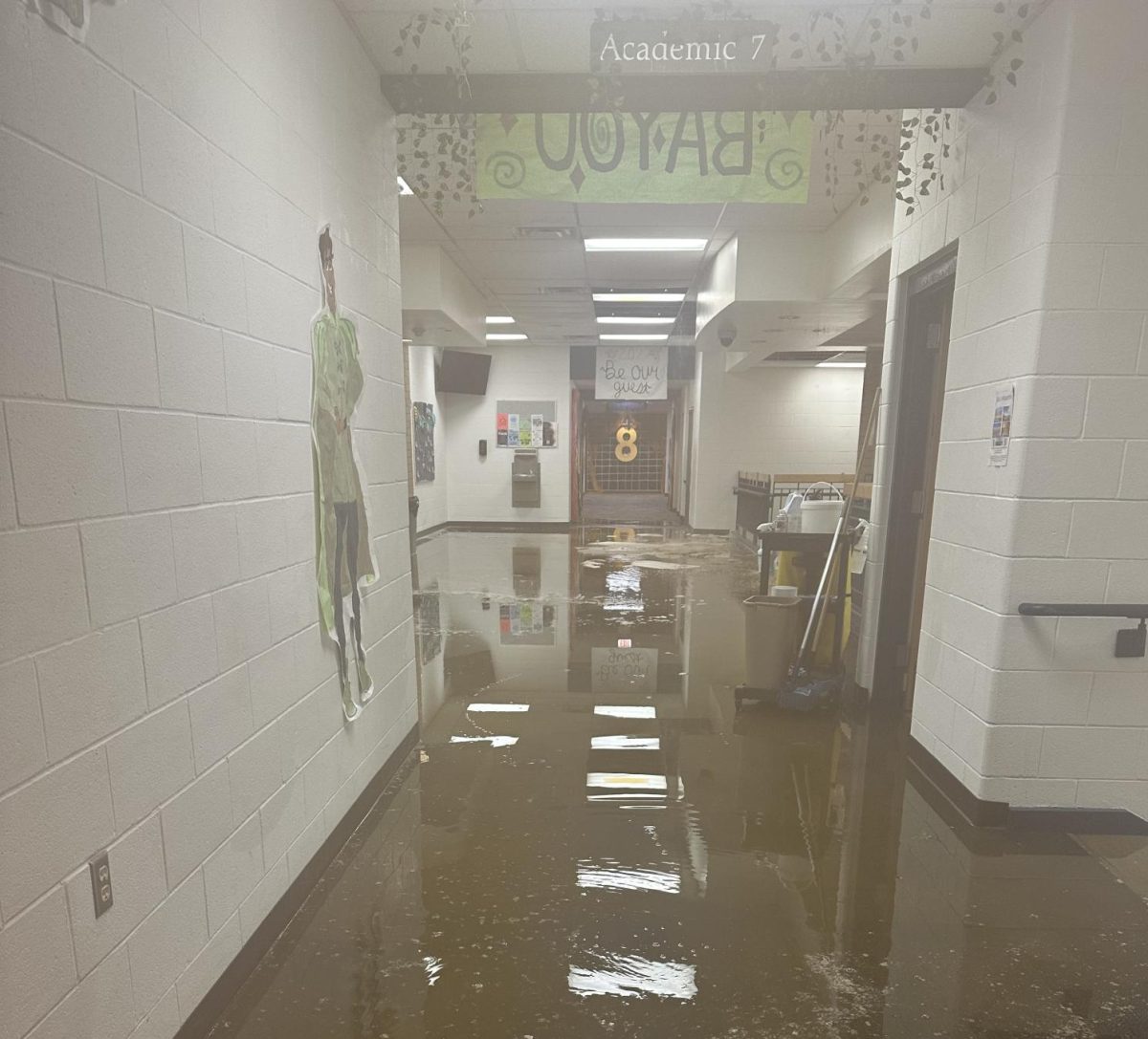 Pod seven and eight, shortly after the flood. "The water was just gushing down everywhere," said principal Tracy Wilson. Photo courtesy of Tracy Wilson. 